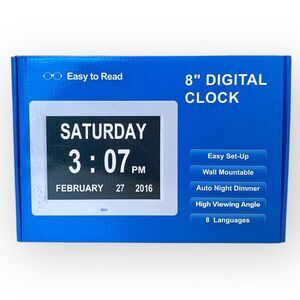 Dementia Clock Digital Clock w/ Dimmer 8 Inch White Wall Mountable Stand Plug In